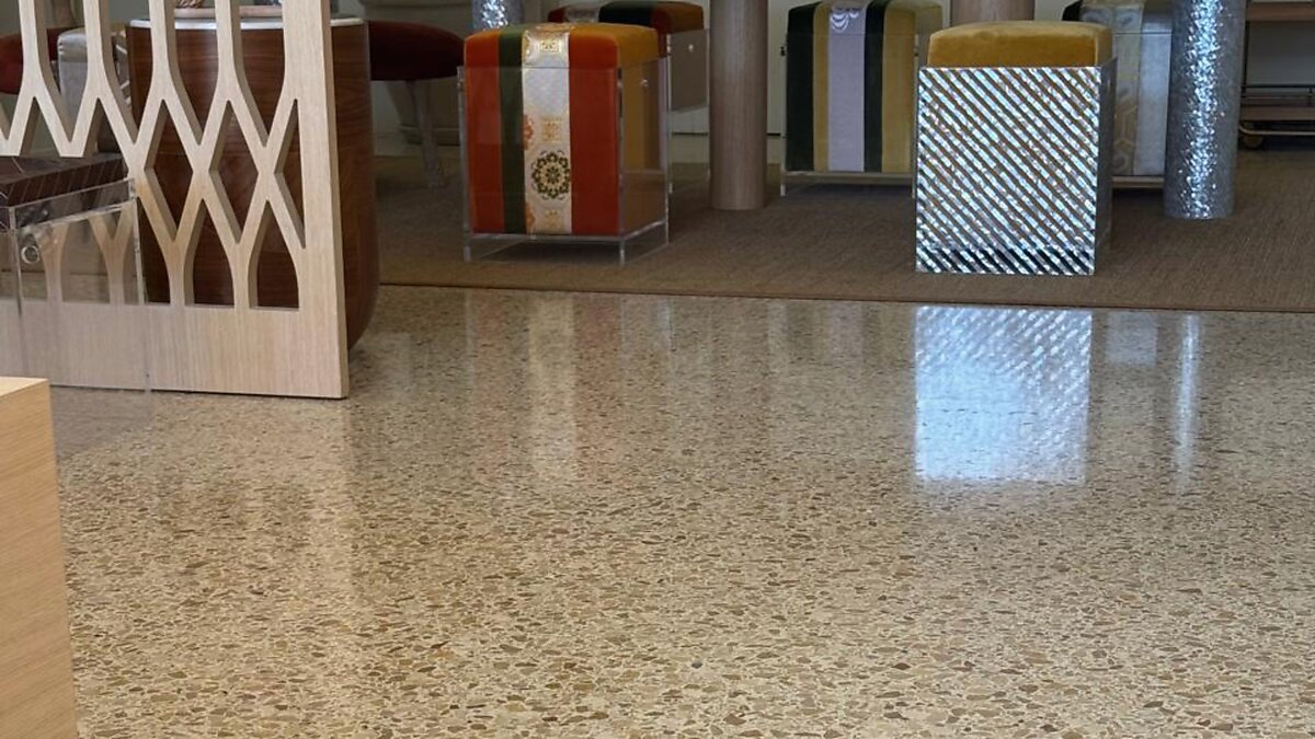 Polished terrazzo floor in a completed interior